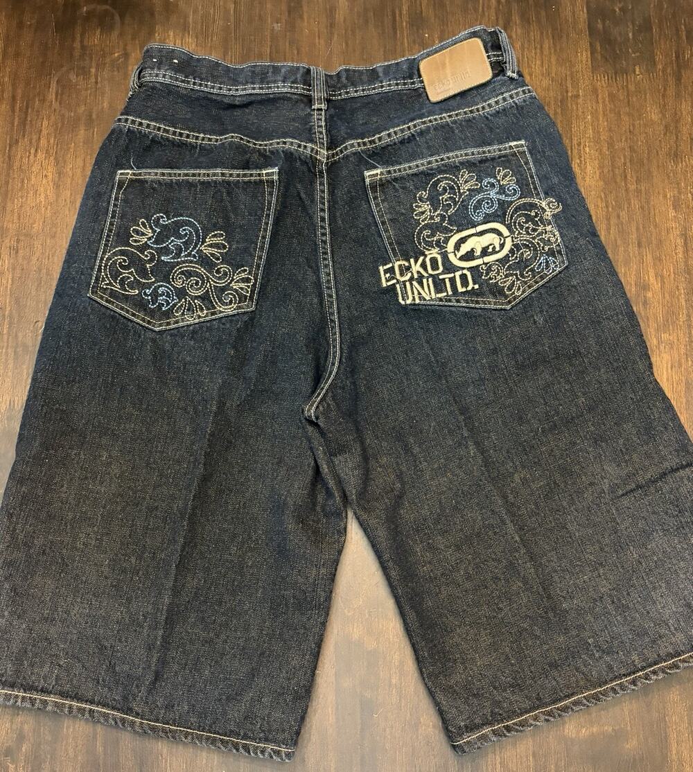 Y-16 Ecko Unltd Shorts Mens 34 Black Denim Jeans Baggy Skater Y2K Hip Hop Rap